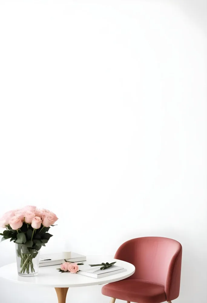 A Bouquet Of Pink Roses On A White Table Next To A Red Chair Against A White Wall In A Minimalist Room 28 1de5