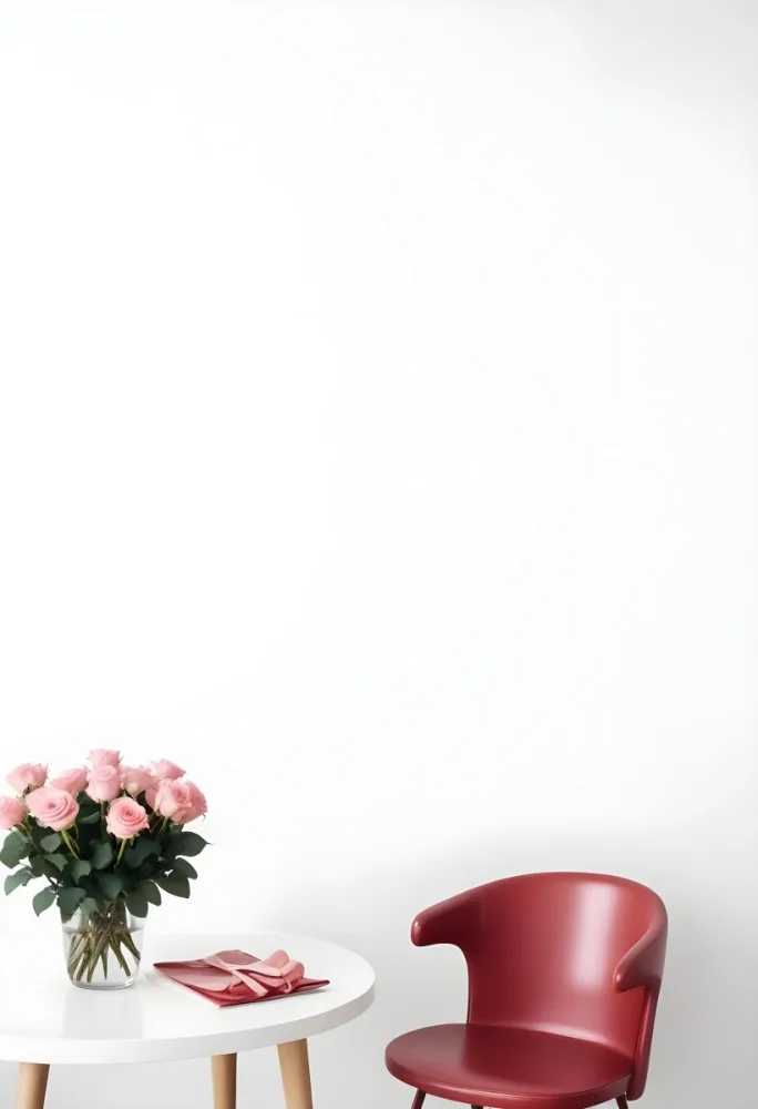 A Bouquet Of Pink Roses On A White Table Next To A Red Chair Against A White Wall In A Minimalist Room 3 E9c1