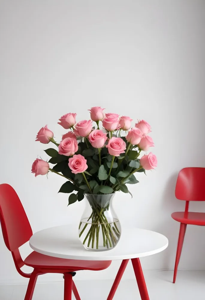 A Bouquet Of Pink Roses On A White Table Next To A Red Chair Against A White Wall In A Minimalist Room 32 5bc5
