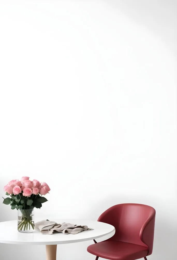 A Bouquet Of Pink Roses On A White Table Next To A Red Chair Against A White Wall In A Minimalist Room 4 8bc9