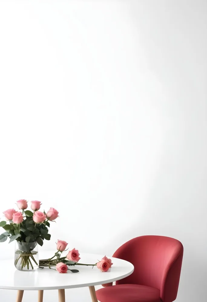A Bouquet Of Pink Roses On A White Table Next To A Red Chair Against A White Wall In A Minimalist Room 5 2c47