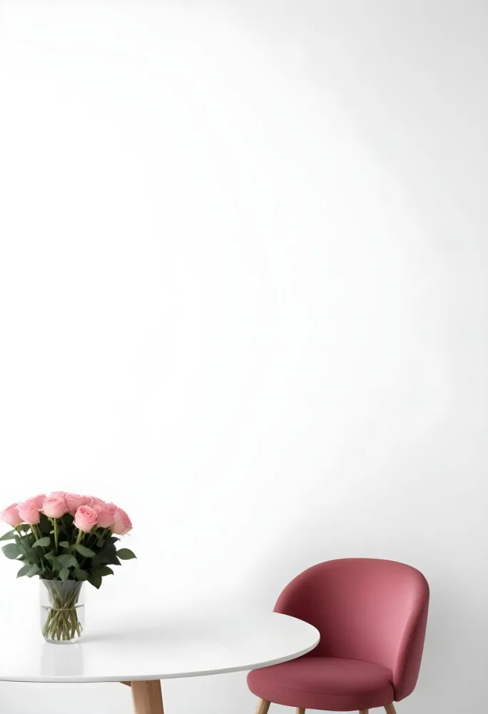 A Bouquet Of Pink Roses On A White Table Next To A Red Chair Against A White Wall In A Minimalist Room 6 F96b