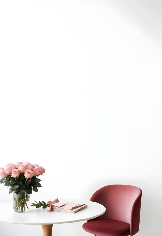 A Bouquet Of Pink Roses On A White Table Next To A Red Chair Against A White Wall In A Minimalist Room 7 Effe