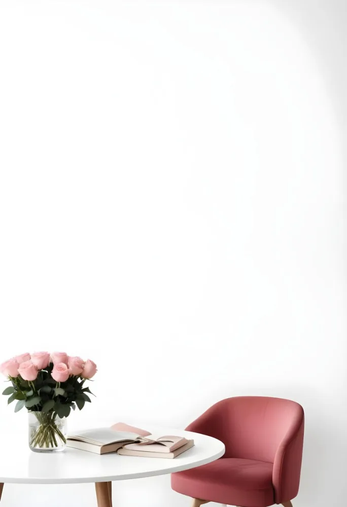 A Bouquet Of Pink Roses On A White Table Next To A Red Chair Against A White Wall In A Minimalist Room 8 Eb83
