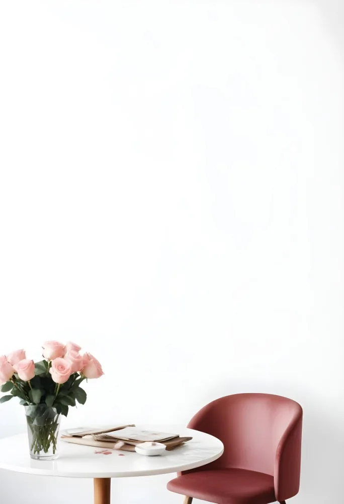 A Bouquet Of Pink Roses On A White Table Next To A Red Chair Against A White Wall In A Minimalist Room 9 9530