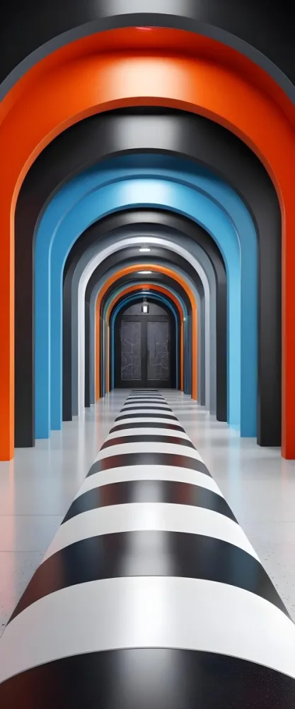 A Corridor With A Series Of Arches In Different Colors The Floor Is White And Gray And The Background Is A Black Door 15 602a