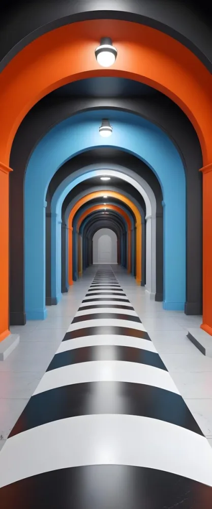 A Corridor With A Series Of Arches In Different Colors The Floor Is White And Gray And The Background Is A Black Door 17 8f17