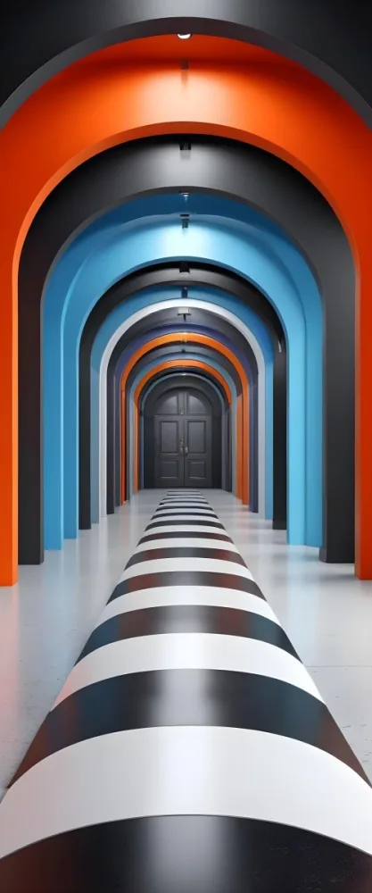 A Corridor With A Series Of Arches In Different Colors The Floor Is White And Gray And The Background Is A Black Door 20 7244