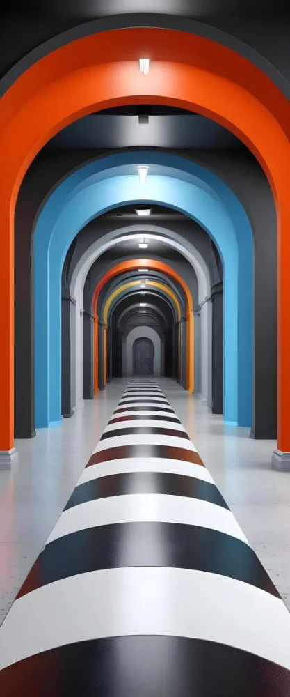 A Corridor With A Series Of Arches In Different Colors The Floor Is White And Gray And The Background Is A Black Door 24 Cb7f