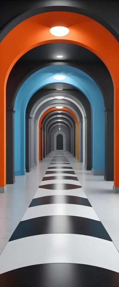 A Corridor With A Series Of Arches In Different Colors The Floor Is White And Gray And The Background Is A Black Door 26 1350