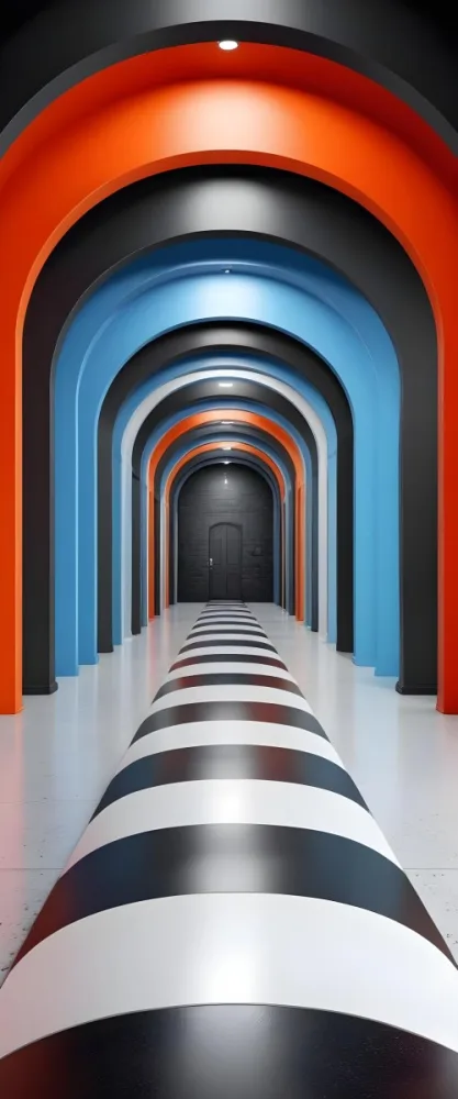 A Corridor With A Series Of Arches In Different Colors The Floor Is White And Gray And The Background Is A Black Door 3 Bbfb