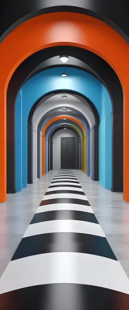 A Corridor With A Series Of Arches In Different Colors The Floor Is White And Gray And The Background Is A Black Door 33 7fc6