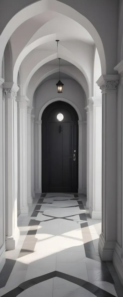 A Corridor With A Series Of Arches In Different Colors The Floor Is White And Gray And The Background Is A Black Door 35 Ad1a
