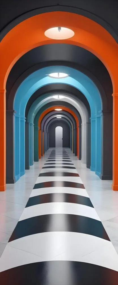 A Corridor With A Series Of Arches In Different Colors The Floor Is White And Gray And The Background Is A Black Door 36 6a5d