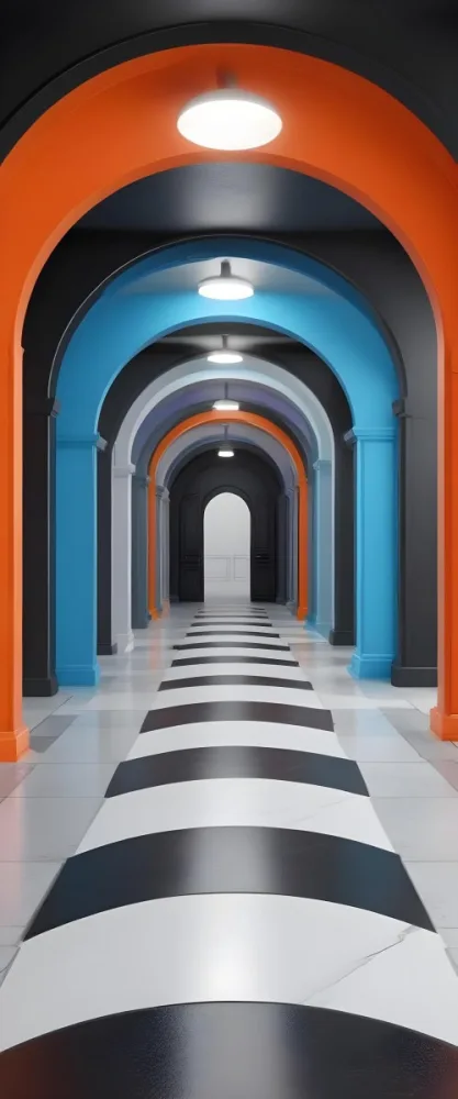 A Corridor With A Series Of Arches In Different Colors The Floor Is White And Gray And The Background Is A Black Door 37 B414