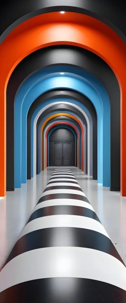 A Corridor With A Series Of Arches In Different Colors The Floor Is White And Gray And The Background Is A Black Door 38 4ba9