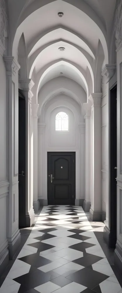 A Corridor With A Series Of Arches In Different Colors The Floor Is White And Gray And The Background Is A Black Door 39 Cfdb