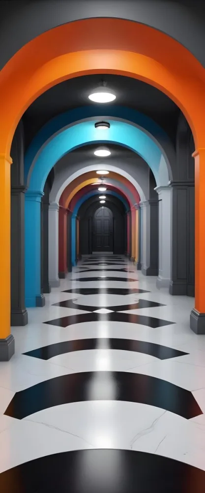 A Corridor With A Series Of Arches In Different Colors The Floor Is White And Gray And The Background Is A Black Door 4 7da7