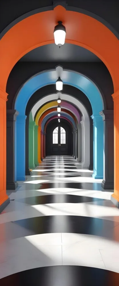 A Corridor With A Series Of Arches In Different Colors The Floor Is White And Gray And The Background Is A Black Door 41 7e1d