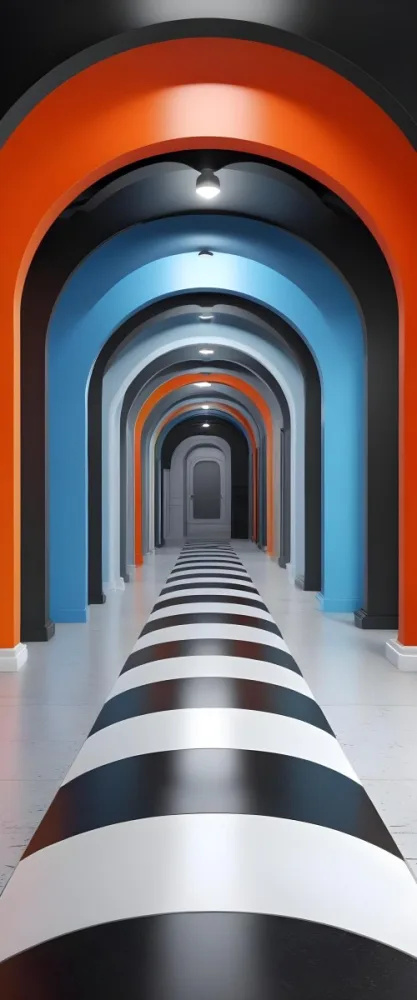 A Corridor With A Series Of Arches In Different Colors The Floor Is White And Gray And The Background Is A Black Door 42 4a07
