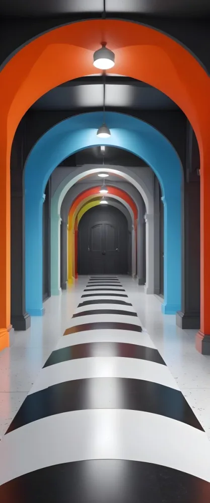 A Corridor With A Series Of Arches In Different Colors The Floor Is White And Gray And The Background Is A Black Door 5 1baa