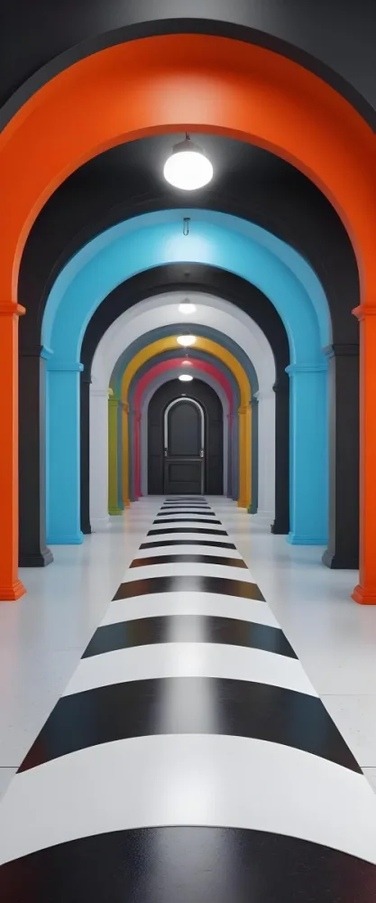 A Corridor With A Series Of Arches In Different Colors The Floor Is White And Gray And The Background Is A Black Door 6 F6eb