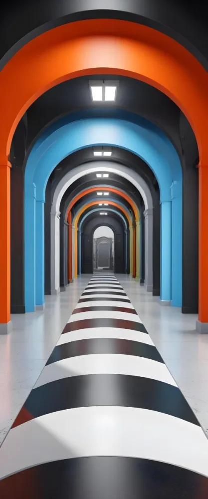 A Corridor With A Series Of Arches In Different Colors The Floor Is White And Gray And The Background Is A Black Door 9 8305