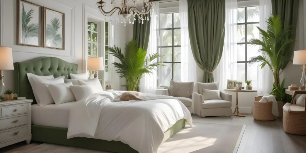 A Cozy And Elegant Bedroom With A Large Bed Plush White Bedding And A Green Palm Plant In The Corner The Room Has Large Windows With Green Curtains A Crystal Chandelier And A Neutral Color Palette Creating 1 8fba
