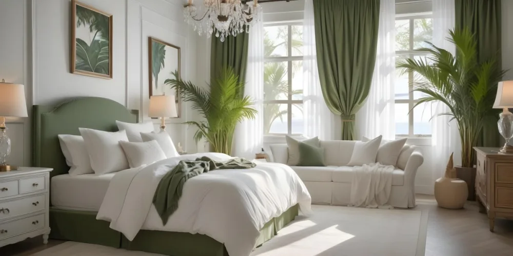 A Cozy And Elegant Bedroom With A Large Bed Plush White Bedding And A Green Palm Plant In The Corner The Room Has Large Windows With Green Curtains A Crystal Chandelier And A Neutral Color Palette Creating 11 92dd