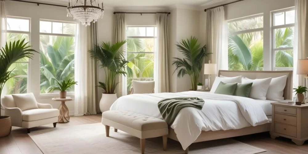 A Cozy And Elegant Bedroom With A Large Bed Plush White Bedding And A Green Palm Plant In The Corner The Room Has Large Windows With Green Curtains A Crystal Chandelier And A Neutral Color Palette Creating 3 7c76