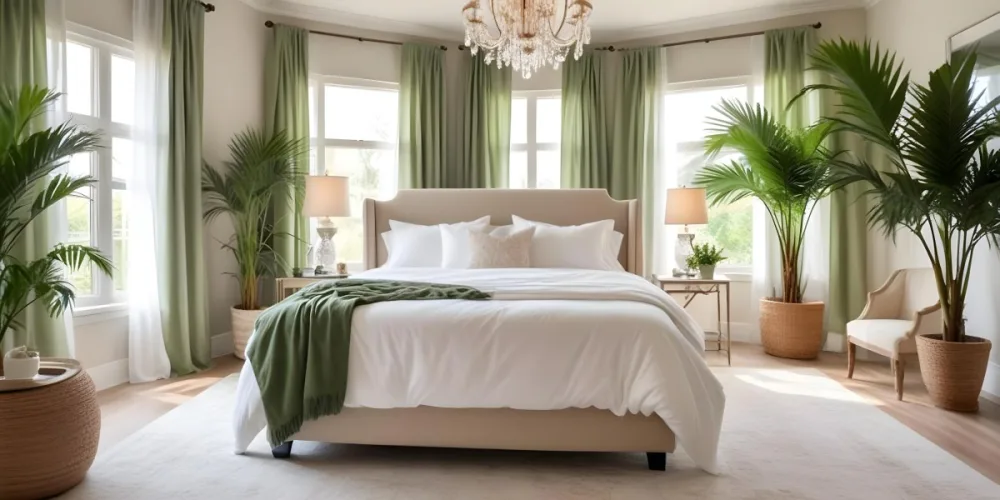 A Cozy And Elegant Bedroom With A Large Bed Plush White Bedding And A Green Palm Plant In The Corner The Room Has Large Windows With Green Curtains A Crystal Chandelier And A Neutral Color Palette Creating 4 17d8