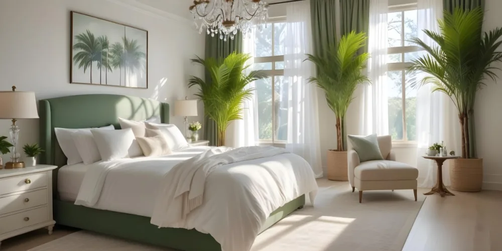 A Cozy And Elegant Bedroom With A Large Bed Plush White Bedding And A Green Palm Plant In The Corner The Room Has Large Windows With Green Curtains A Crystal Chandelier And A Neutral Color Palette Creating 5 14a1
