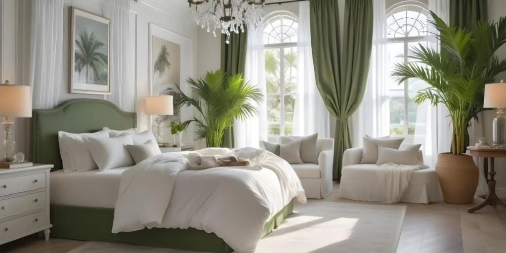A Cozy And Elegant Bedroom With A Large Bed Plush White Bedding And A Green Palm Plant In The Corner The Room Has Large Windows With Green Curtains A Crystal Chandelier And A Neutral Color Palette Creating 6 Ca0a
