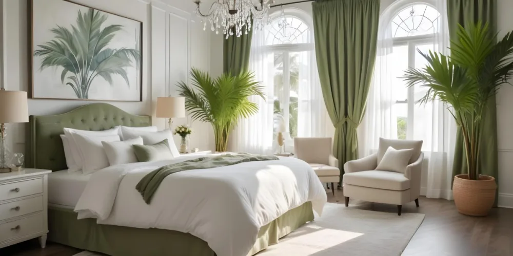 A Cozy And Elegant Bedroom With A Large Bed Plush White Bedding And A Green Palm Plant In The Corner The Room Has Large Windows With Green Curtains A Crystal Chandelier And A Neutral Color Palette Creating 7 E5a8