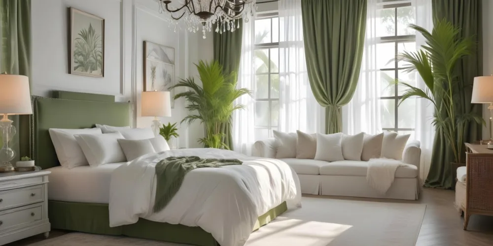 A Cozy And Elegant Bedroom With A Large Bed Plush White Bedding And A Green Palm Plant In The Corner The Room Has Large Windows With Green Curtains A Crystal Chandelier And A Neutral Color Palette Creating 8 3cb6