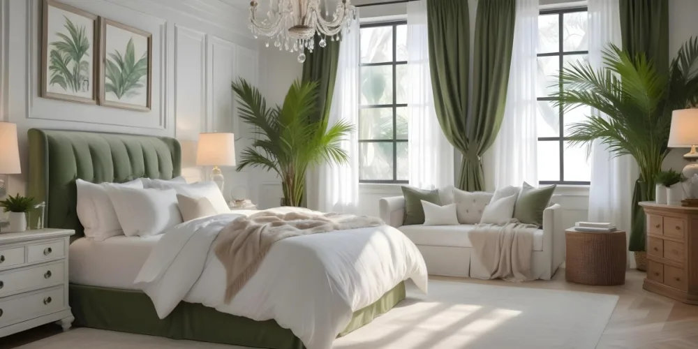 A Cozy And Elegant Bedroom With A Large Bed Plush White Bedding And A Green Palm Plant In The Corner The Room Has Large Windows With Green Curtains A Crystal Chandelier And A Neutral Color Palette Creating 9 377c
