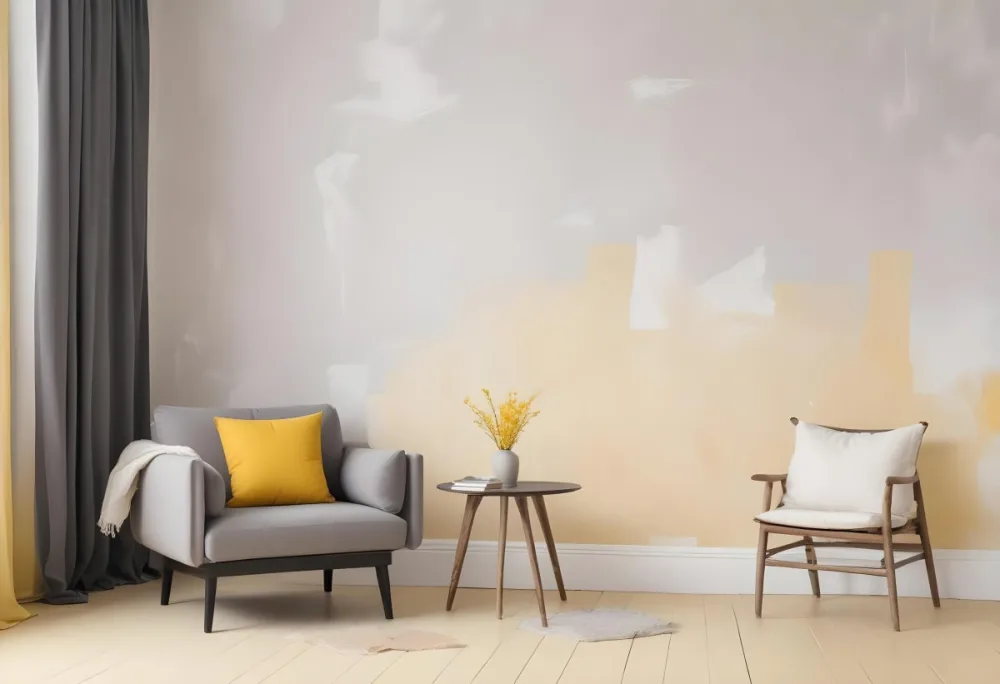 A Gray Armchair With A White Pillow Next To A Small Table With A Book And Some Sticks In A Yellow Room 9 7fcd