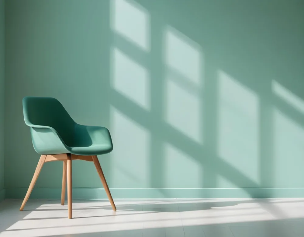 A Green Armchair With Wooden Legs In A Minimalist Room With A Green Wall And Natural Light Coming Through A Window 13 0f59