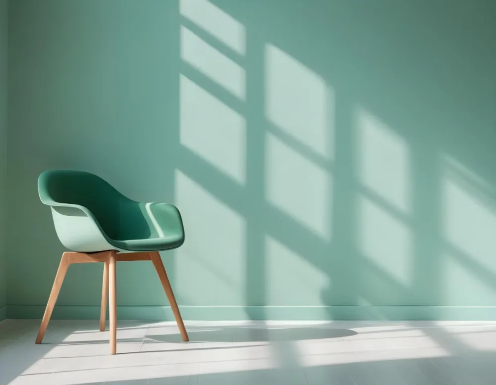 A Green Armchair With Wooden Legs In A Minimalist Room With A Green Wall And Natural Light Coming Through A Window 14 80f1