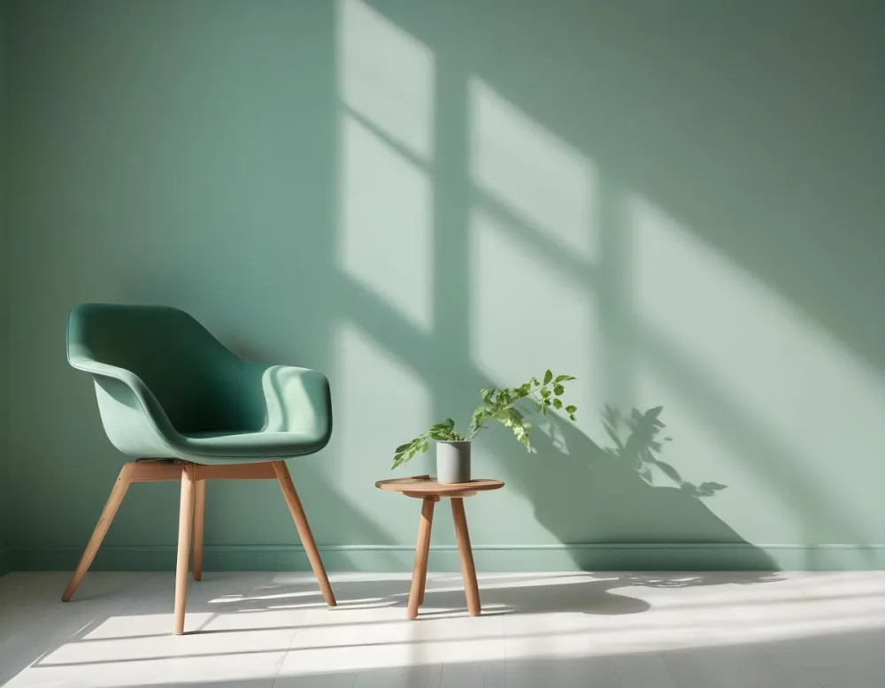 A Green Armchair With Wooden Legs In A Minimalist Room With A Green Wall And Natural Light Coming Through A Window 18 137b