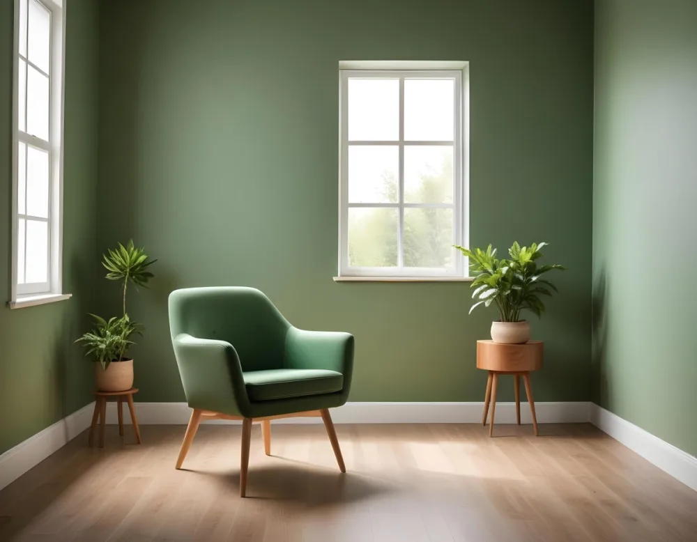 A Green Armchair With Wooden Legs In A Minimalist Room With A Green Wall And Natural Light Coming Through A Window 21 D251