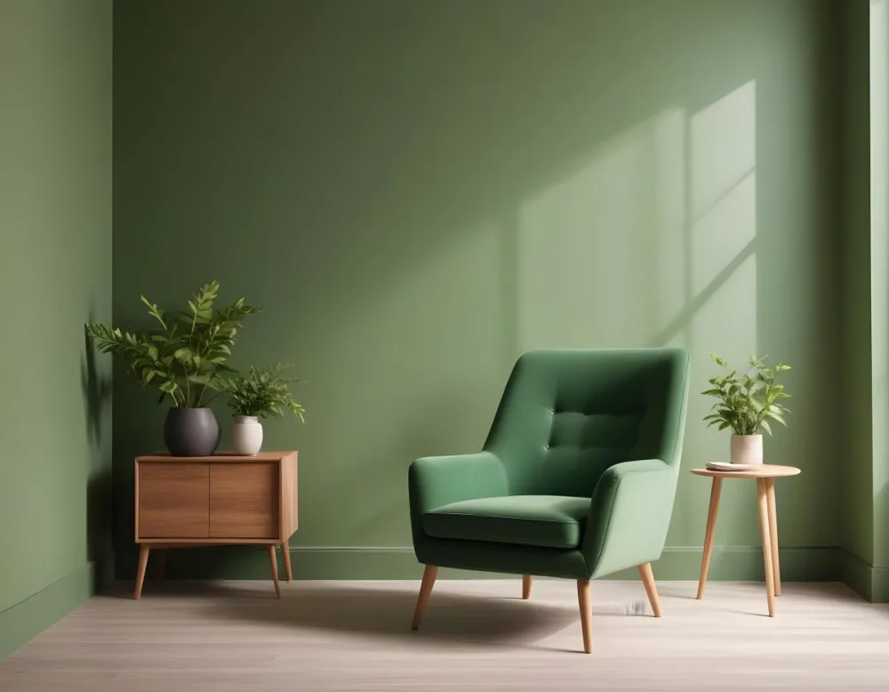 A Green Armchair With Wooden Legs In A Minimalist Room With A Green Wall And Natural Light Coming Through A Window 22 Abc9
