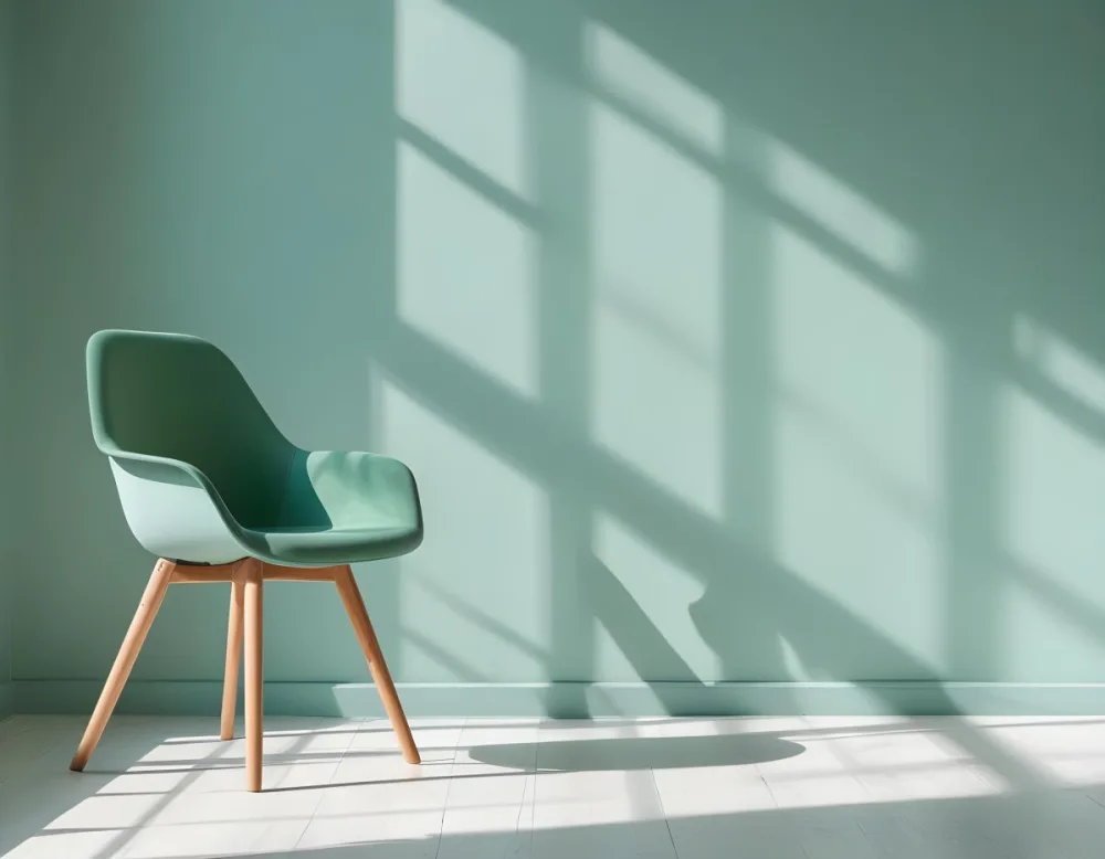 A Green Armchair With Wooden Legs In A Minimalist Room With A Green Wall And Natural Light Coming Through A Window 25 A444