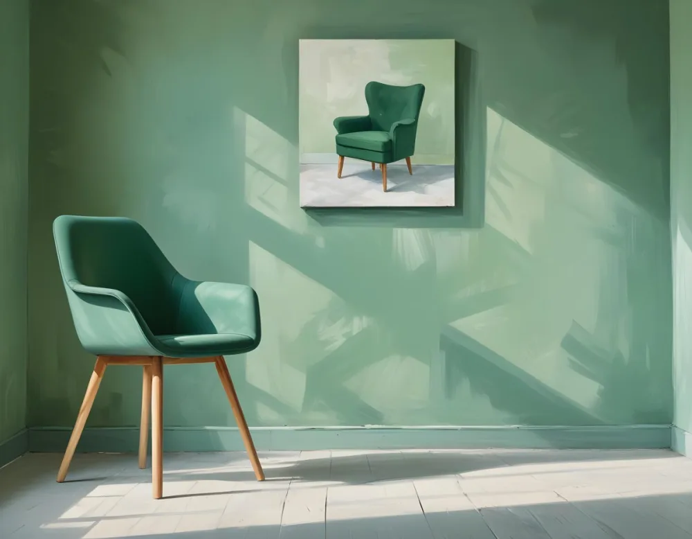 A Green Armchair With Wooden Legs In A Minimalist Room With A Green Wall And Natural Light Coming Through A Window 3 43ed