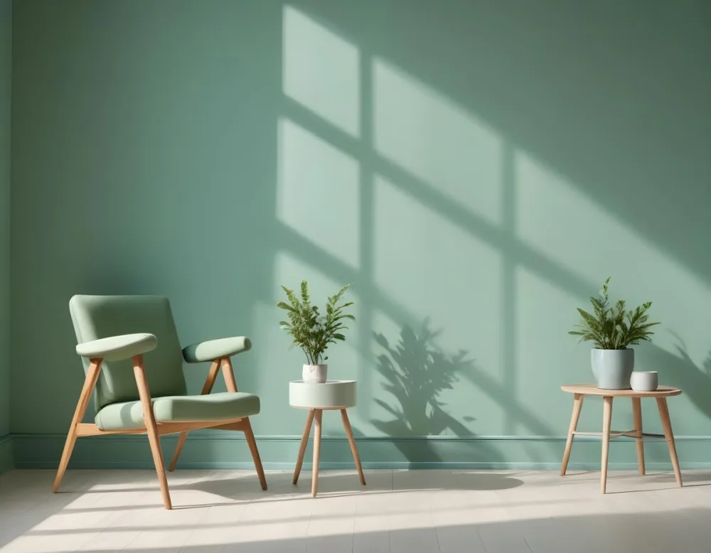 A Green Armchair With Wooden Legs In A Minimalist Room With A Green Wall And Natural Light Coming Through A Window 34 890d