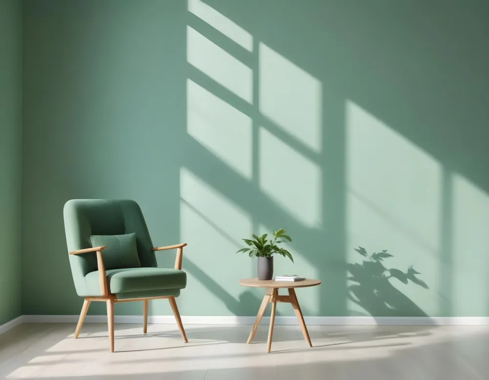 A Green Armchair With Wooden Legs In A Minimalist Room With A Green Wall And Natural Light Coming Through A Window 35 Ce5c