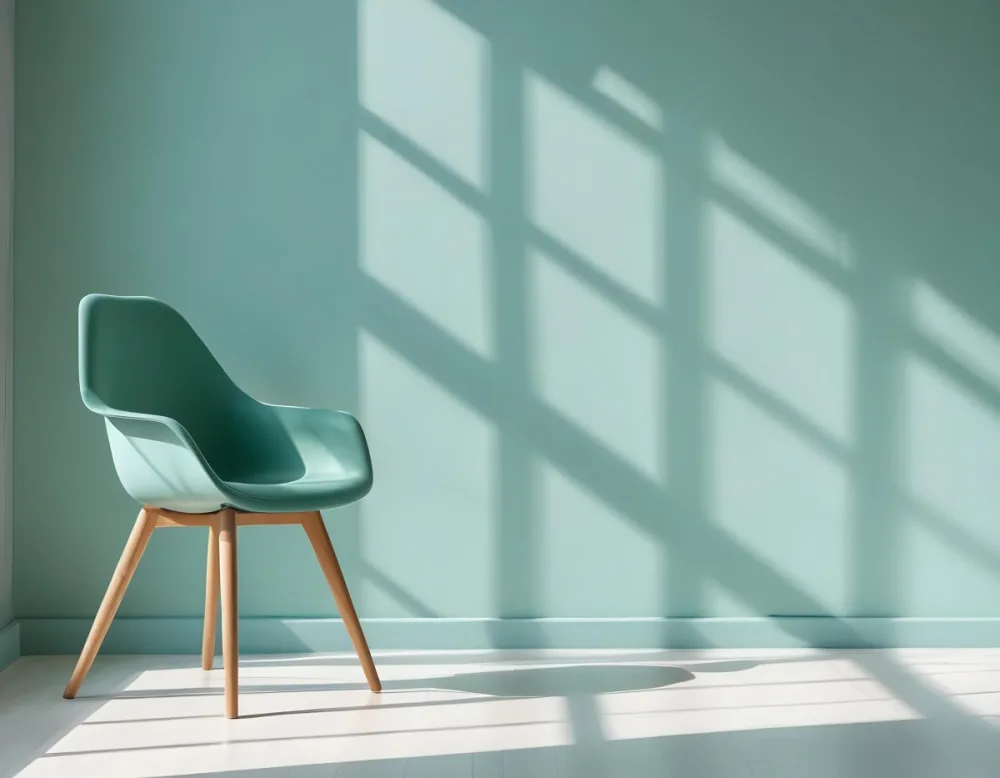 A Green Armchair With Wooden Legs In A Minimalist Room With A Green Wall And Natural Light Coming Through A Window 36 335e