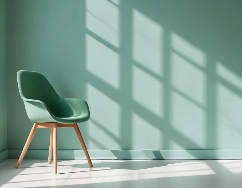 A Green Armchair With Wooden Legs In A Minimalist Room With A Green Wall And Natural Light Coming Through A Window 37 E167