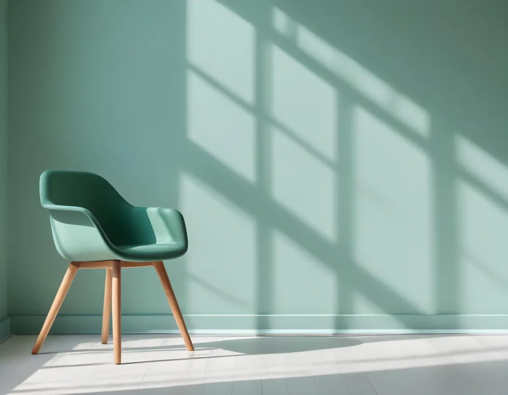 A Green Armchair With Wooden Legs In A Minimalist Room With A Green Wall And Natural Light Coming Through A Window 38 1ea5