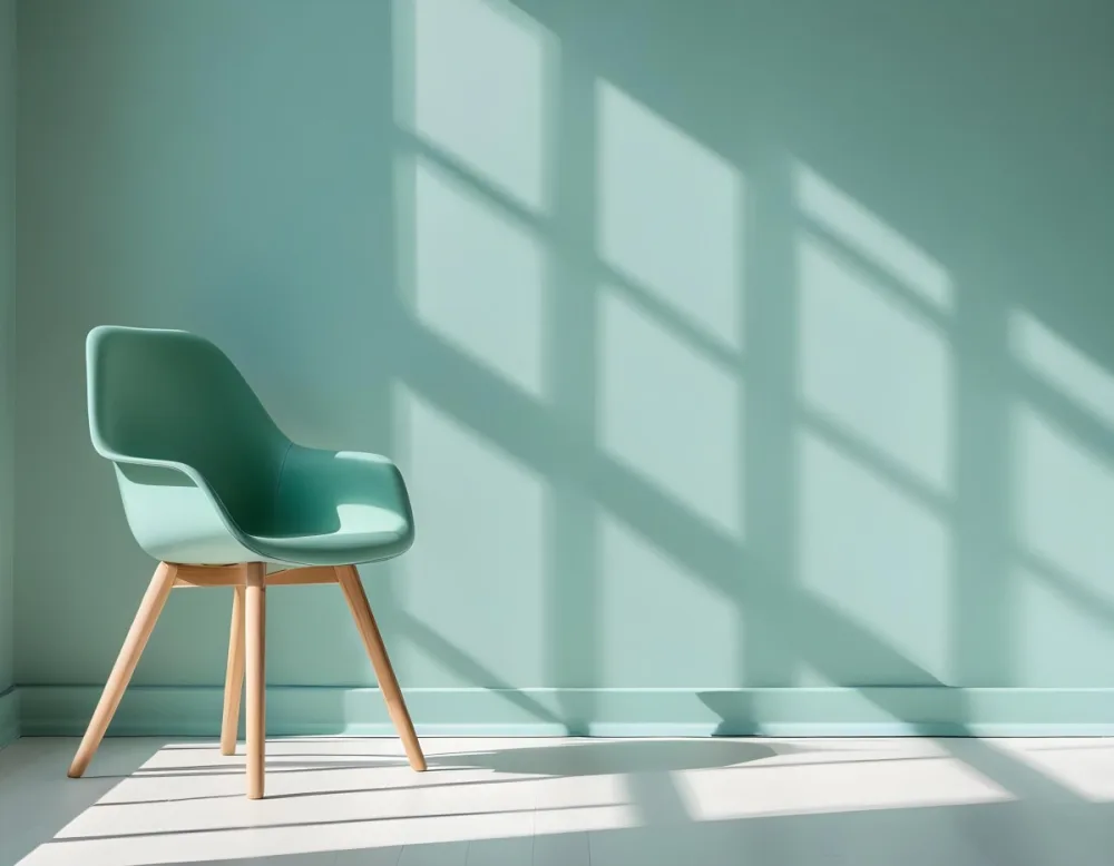 A Green Armchair With Wooden Legs In A Minimalist Room With A Green Wall And Natural Light Coming Through A Window 39 9be1